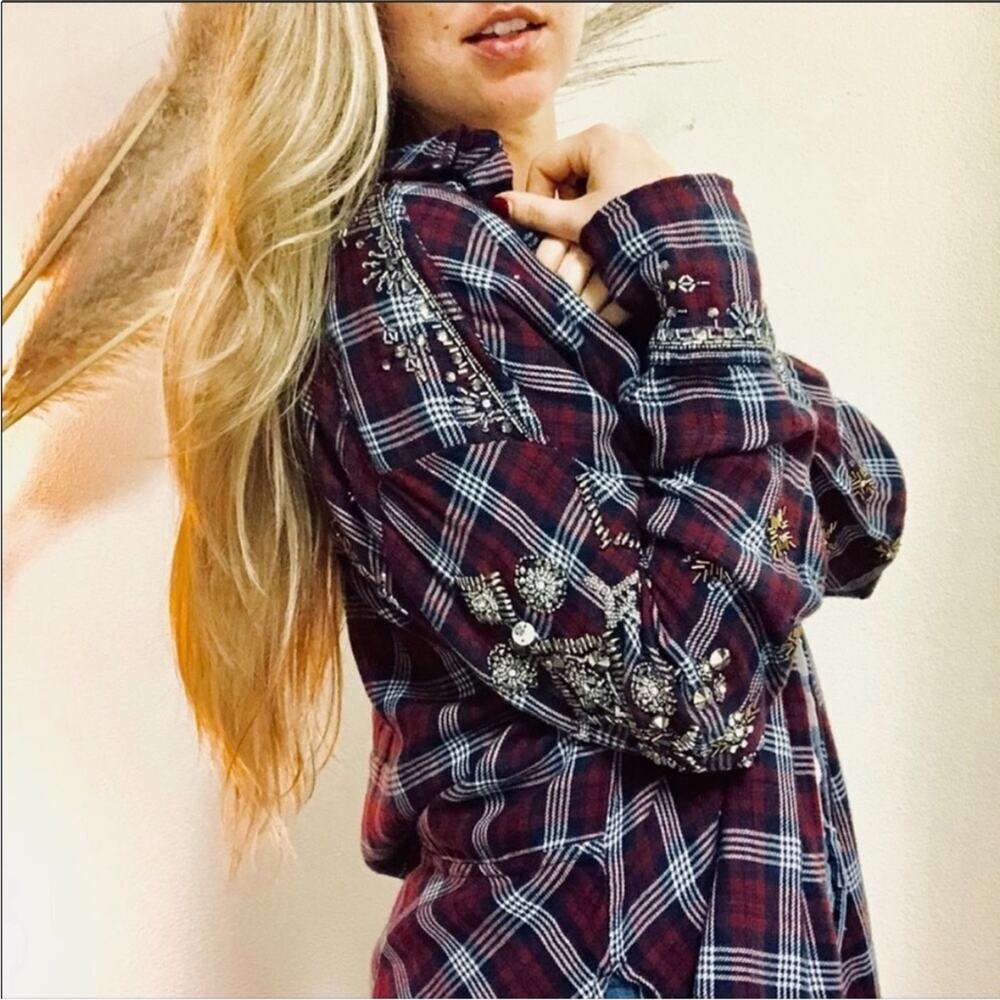 NEW FP FREE PEOPLE Silver Sequin Bead Oversized Red Flannel Plaid Button Shirt S